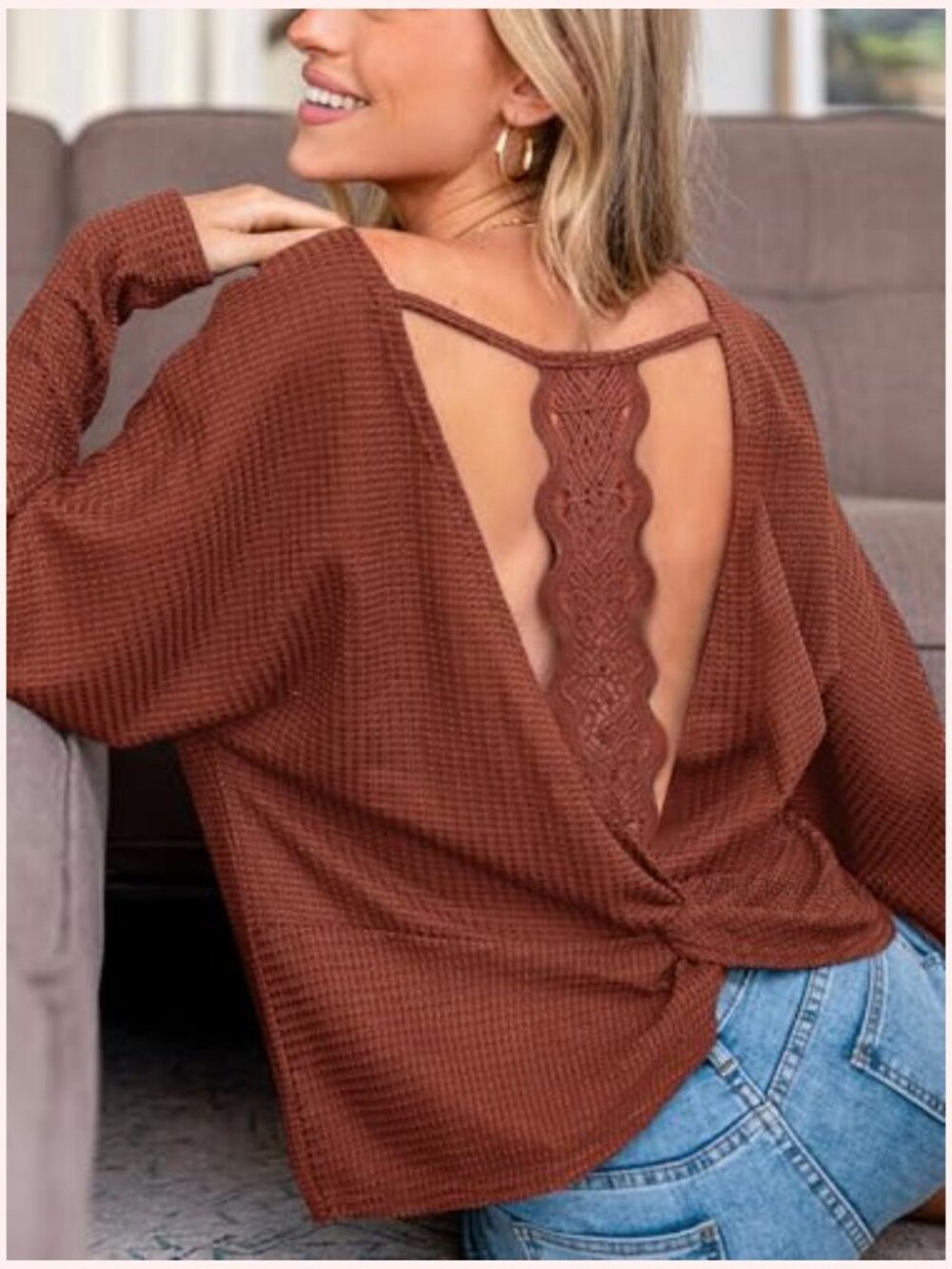 Long Sleeve Crewneck Blouse Ribbed Knit Tunic Top - Picture 5 of 7